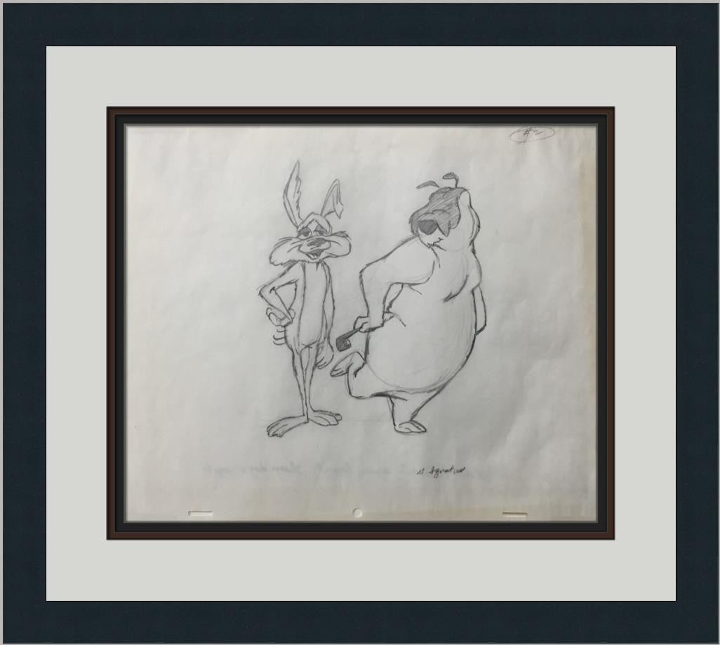 Warner Bros Looney Tunes model sheet drawing framed matted: Warner Bros Looney Tunes model sheet drawing framed matted This is an original 1971 production model sheet drawing from Warner Bros. featuring the characters Sam (Sheep Dog) and Ralph (Coyote) from Lo