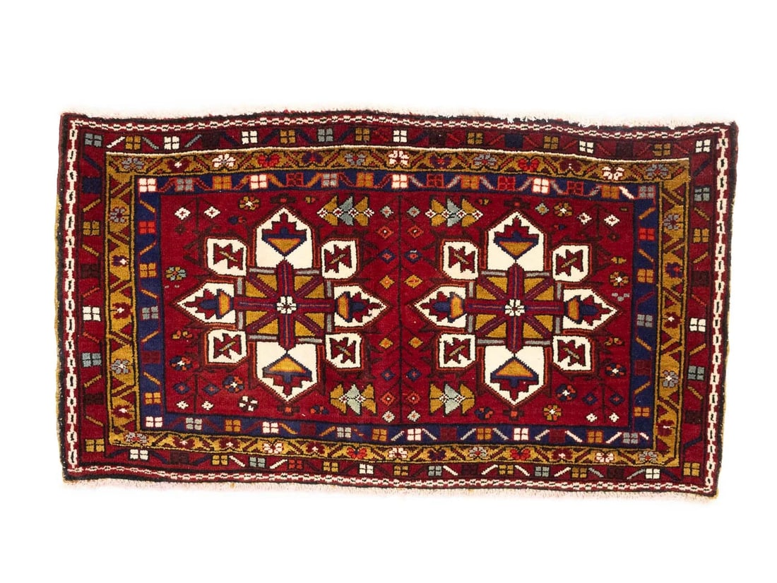 Hand-Knotted Wool Tribal Area Rug with Geometric Motif 2'2 x 3'9: Hand-Knotted Wool Tribal Area Rug with Geometric Motif 2'2 x 3'9 This handmade farmhouse-style wool oriental rug features a tribal geometric design in a variety of colors, including red, gold, cream, 