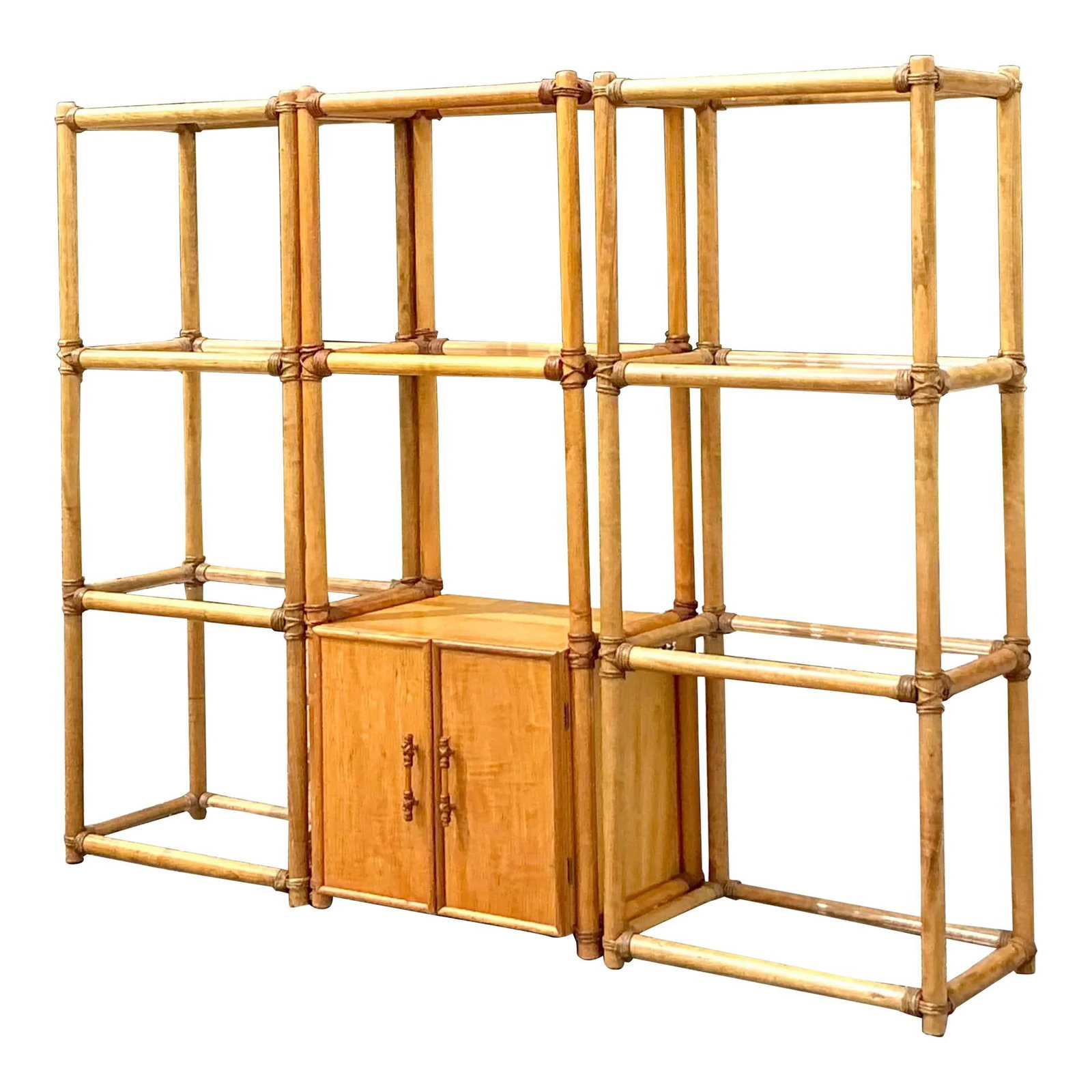 Vintage Coastal Rattan Etagere Set of 3 with Bamboo Frame: Vintage Coastal Rattan Etagere Set of 3 with Bamboo Frame Transform your interior with this exquisite Vintage Coastal Rattan Etagere Set of 3. This beautifully crafted trio showcases a natural bamboo 