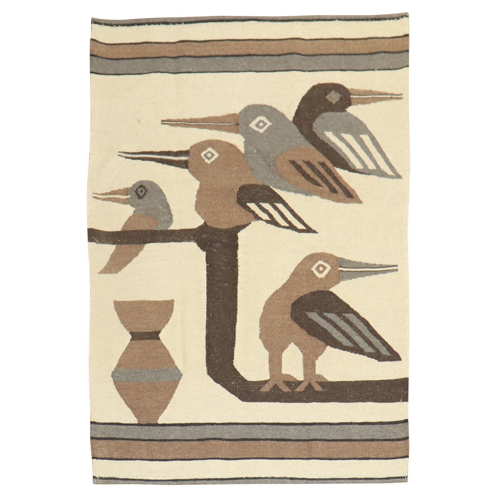 Whimsical Pigeon Persian Flatweave Wool Kilim 40x55 Folk Art: Whimsical Pigeon Persian Flatweave Wool Kilim 40x55 Folk Art This charming scatter size Persian Kilim features a delightful design of pigeons in shades of beige, gray, and brown, embodying a Folk Art 