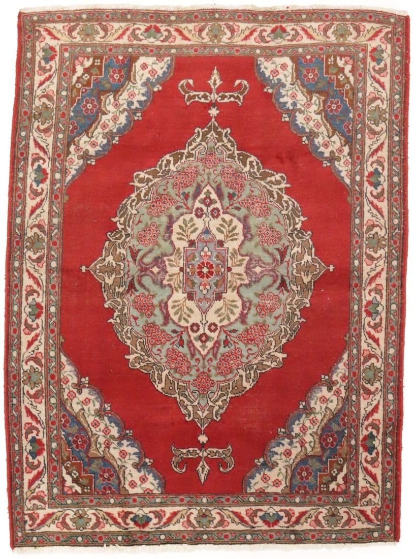 4'9 x 6'5 Handmade Wool Vintage Floral Medallion Area Rug from Western Asia: 4'9 x 6'5 Handmade Wool Vintage Floral Medallion Area Rug from Western Asia This semi-antique handmade wool rug features a traditional floral medallion design with a mix of red, cream, brown, green, p
