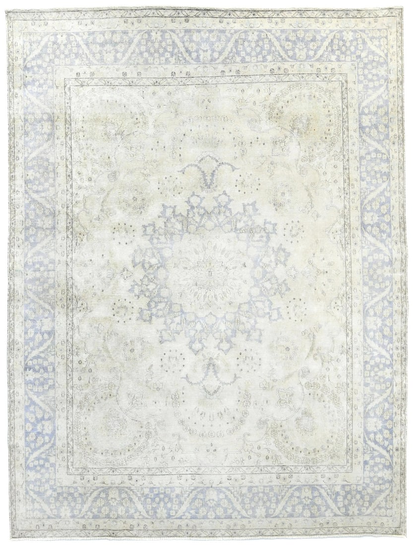 Vintage Handmade Cream Distressed Oriental Rug 9.6 x 12.8 ft Wool Floral Design (1 of 14)
