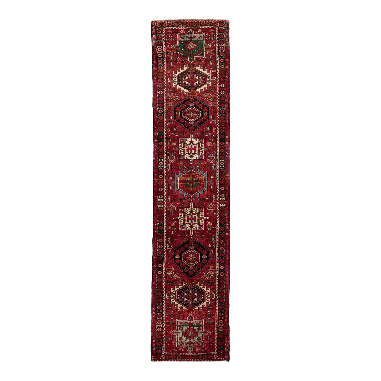 Vintage Persian Heriz Wool Runner Rug Red Geometric Design 3' x 13'6: Vintage Persian Heriz Wool Runner Rug Red Geometric Design 3' x 13'6 Enhance your space with this exquisite Vintage Red Heriz Handmade Wool Runner Rug. This stunning piece features a vibrant red field
