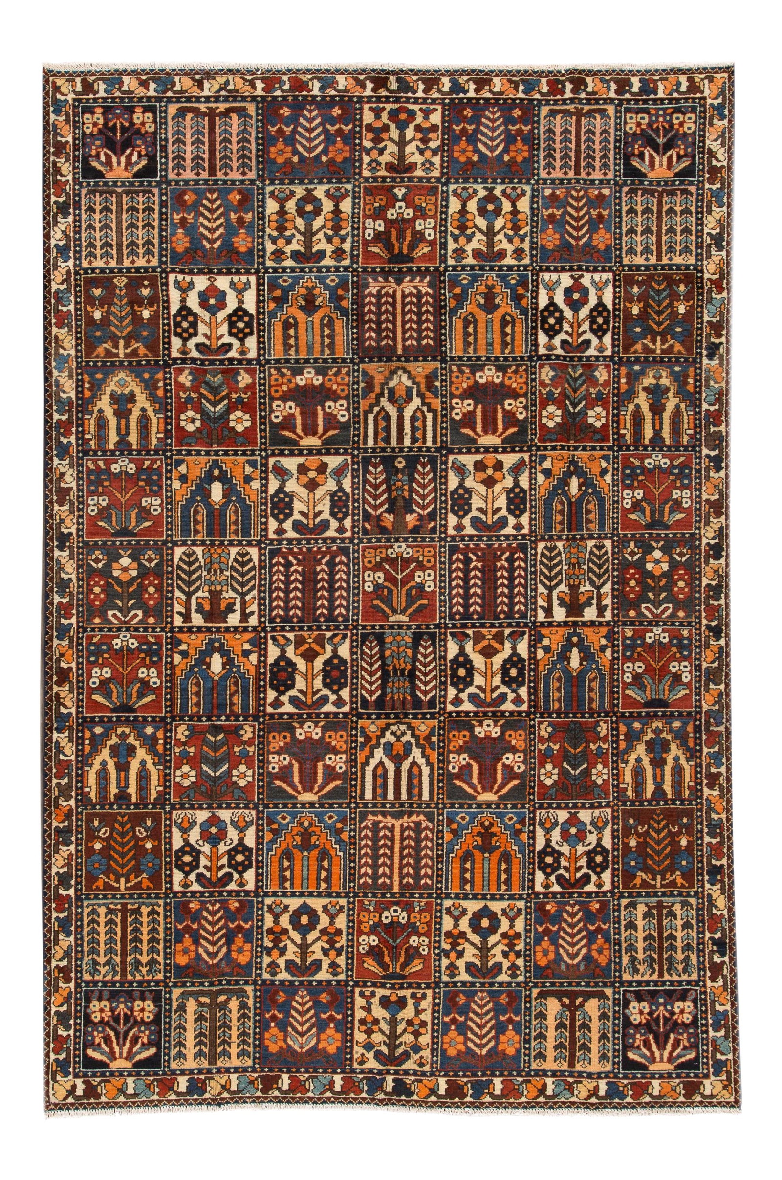 Vintage Baktarie Hand-Knotted Wool Rug 7' x 10'5 Geometric Design: Vintage Baktarie Hand-Knotted Wool Rug 7' x 10'5 Geometric Design Enhance your space with this stunning vintage Baktarie wool rug, meticulously hand-knotted for exceptional quality. Featuring a rich r