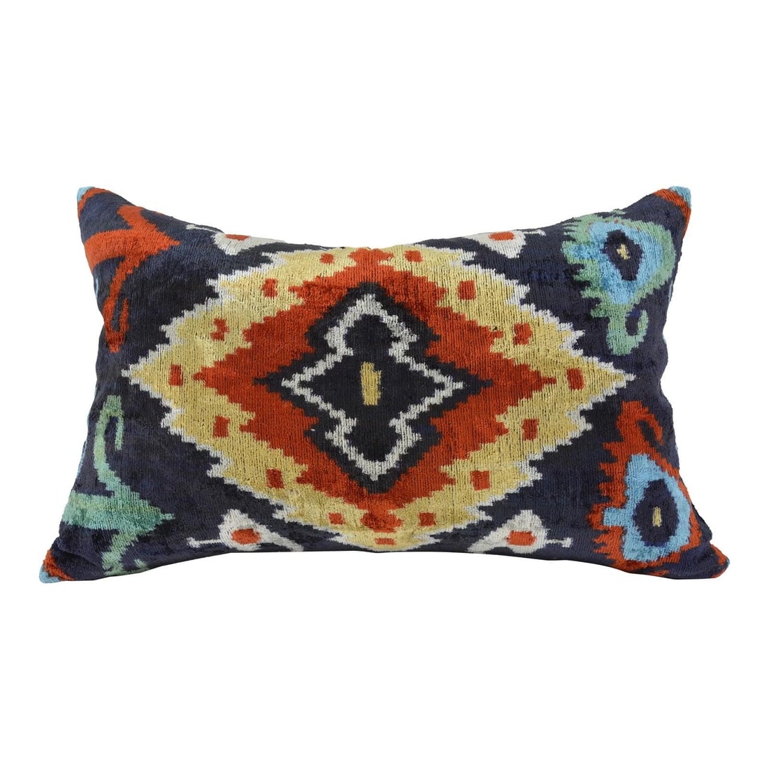 Scarlet Silk Ikat Velvet Decorative Cushion With Linen Back and Feather Insert: Scarlet Silk Ikat Velvet Decorative Cushion With Linen Back and Feather Insert This hand made pillow cushion features a vibrant scarlet silk Uzbek Ikat velvet front, complemented by a natural linen ba
