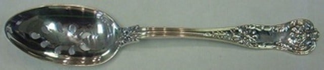Gorham New Queens Sterling Silver Slotted Serving Spoon 8 3/4 in: Gorham New Queens Sterling Silver Slotted Serving Spoon 8 3/4 in Sterling silver slotted serving spoon in the New Queens pattern by Gorham. It features a pierced 9-hole bowl, measures 8 3/4 inches, an