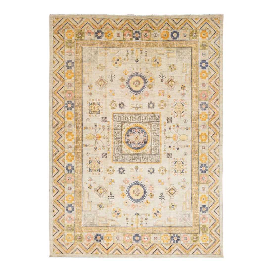 Khotan style wool area rug 10'3 x 14'1 cream ochre: Khotan style wool area rug 10'3 x 14'1 cream ochre This modern Khotan-style area rug showcases Silk Road-inspired motifs blended with a contemporary color palette. Hand-knotted from premium wool, it f