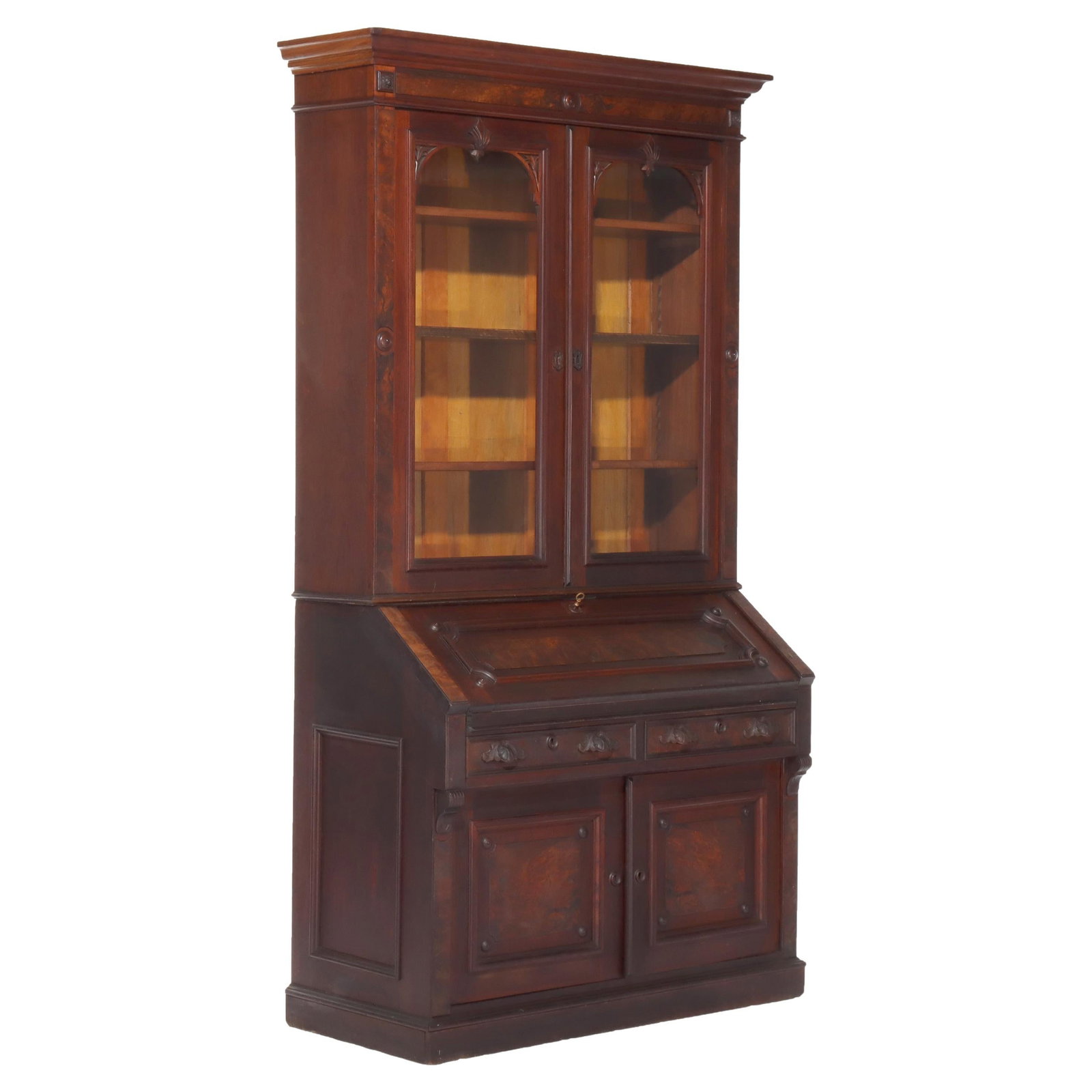 Antique Renaissance Revival Walnut Burl Secretary Desk C1880: Antique Renaissance Revival Walnut Burl Secretary Desk C1880 This exquisite Antique Renaissance Revival Secretary Desk, crafted from walnut and burl, is a striking piece from the late 19th century, ci
