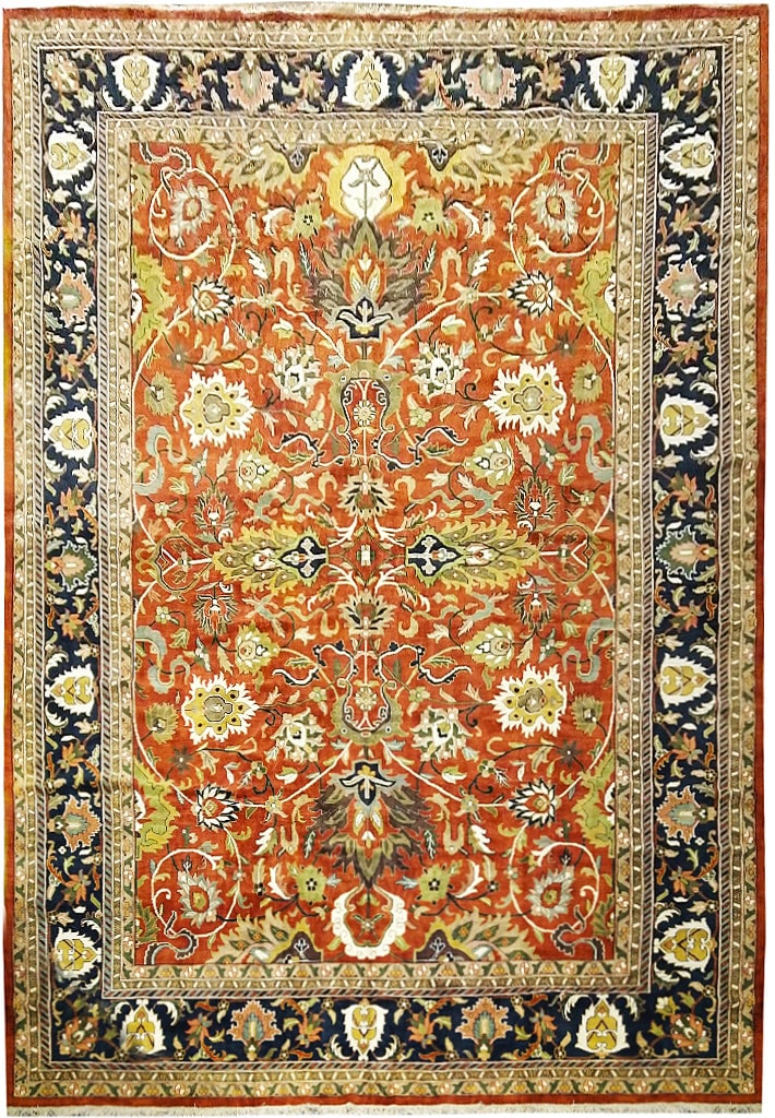 14 x 22.2 Hand-Knotted Oversized Area Rug in Rust Navy Gold: 14 x 22.2 Hand-Knotted Oversized Area Rug in Rust Navy Gold Free continental US Shipping Elevate your home with this stunning 14' x 22.2' oversized hand-knotted rug, a true masterpiece of craftsmanshi