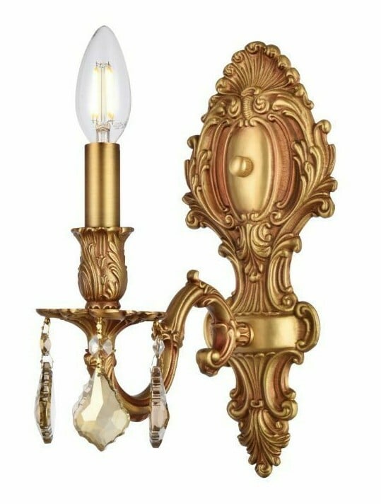 Monarch French Gold Wall Sconce with Golden Teak Crystals: Monarch French Gold Wall Sconce with Golden Teak Crystals This wall sconce from the Monarch Collection features a French gold finish and is adorned with golden teak crystals, creating an elegant and t