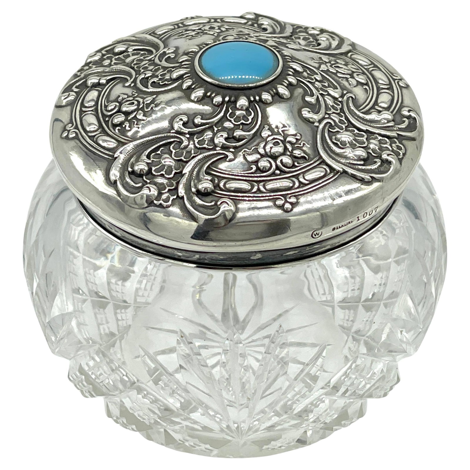 American Brilliant Cut Glass Sterling Turquoise Dresser Jar by Whiting: American Brilliant Cut Glass Sterling Turquoise Dresser Jar by Whiting Introducing a stunning American Brilliant Cut Glass Dresser Jar, masterfully crafted by the renowned Frank M. Whiting Silver Comp