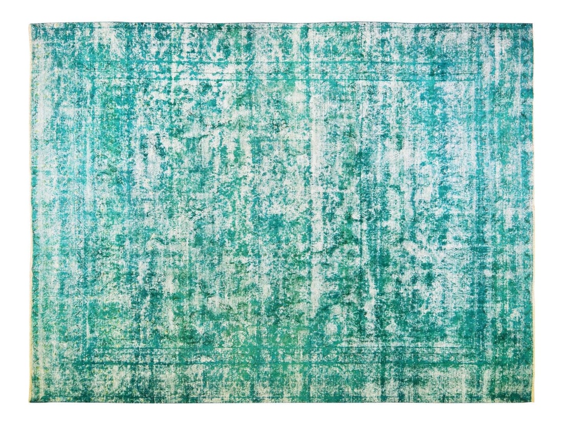 Persian Kerman Turquoise Hand Knotted Wool Overdyed Rug 9'X12'2": Persian Kerman Turquoise Hand Knotted Wool Overdyed Rug 9'X12'2" This vintage Persian Kerman rug is hand-knotted from organic wool and features a distressed texture with a turquoise overdyed finish. T