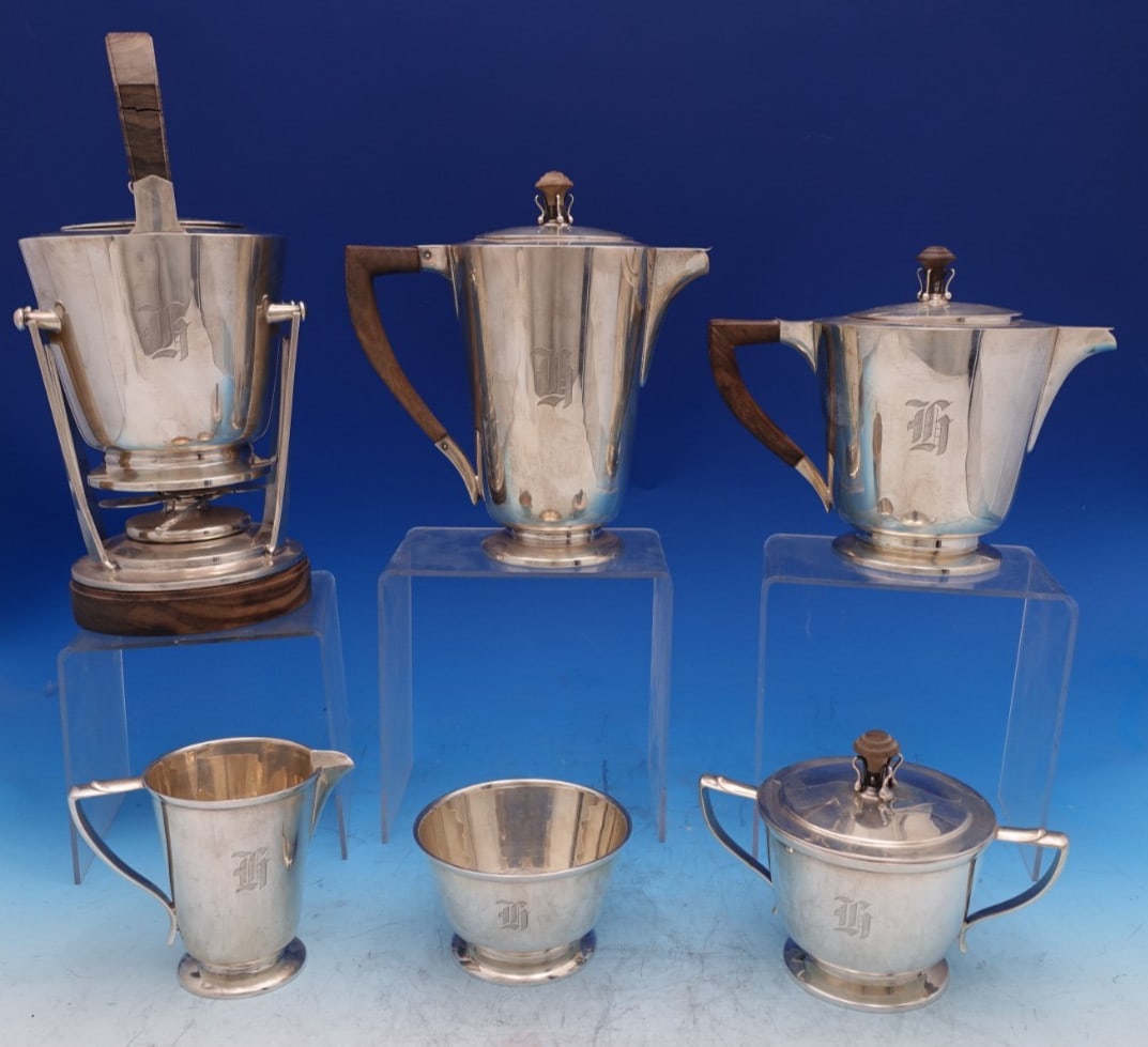 Six-Piece Sterling Silver Modernist Tea Set with Teak Accents by International (1 of 18)