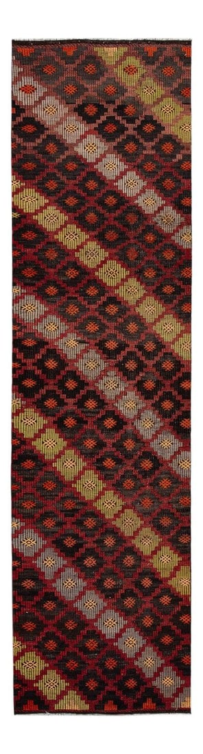 Vintage Sumakh Wool Runner 3' x 11'4' Red Geometric Design: Vintage Sumakh Wool Runner 3' x 11'4' Red Geometric Design Enhance your space with this exquisite Vintage Sumakh Wool Runner, showcasing a captivating multi-color motif. Featuring intricate details an