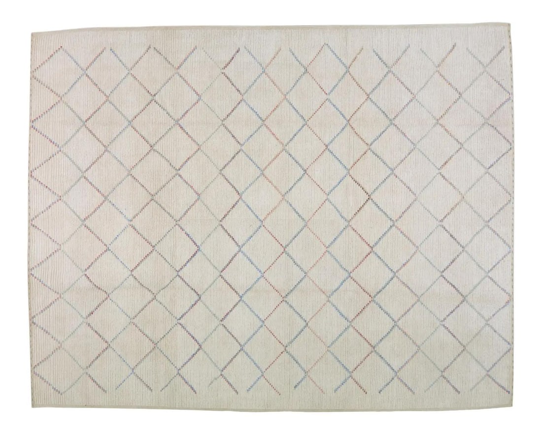 8'3 x 10'5 Beni Ourain Moroccan Wool Rug in Natural White: 8'3 x 10'5 Beni Ourain Moroccan Wool Rug in Natural White This Moroccan Beni Ourain rug is hand knotted from natural color organic wool, offering a contemporary style and a soft texture. The rug featu