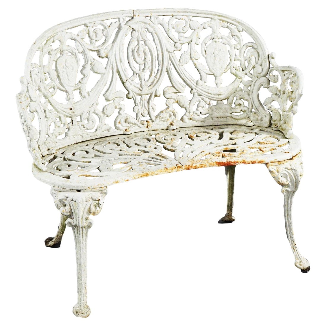 Vintage c1920 Cast Iron Floral Garden Settee with Cameo Design: Vintage c1920 Cast Iron Floral Garden Settee with Cameo Design This antique painted cast iron garden settee from circa 1920 is a stunning example of early 20th-century craftsmanship. Featuring intrica