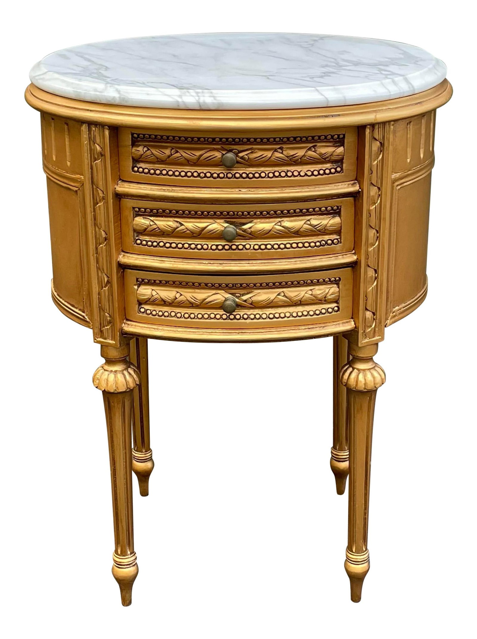 Andre Originals Louis XVI Gold Nightstand with Marble Top: Andre Originals Louis XVI Gold Nightstand with Marble Top This elegant Louis XVI nightstand by Andre Originals features a striking gold finish and a sophisticated marble top, making it a perfect addit