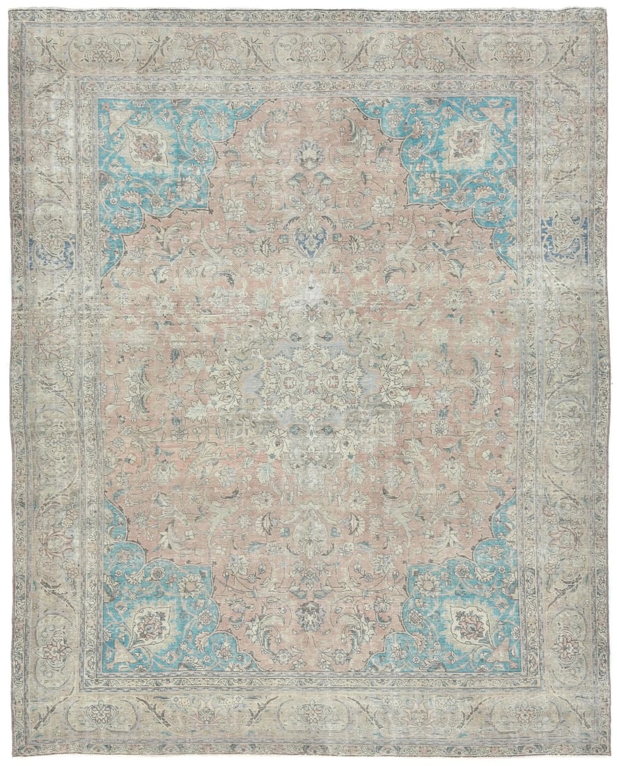 Vintage Distressed Hand-Knotted Wool Rug 9'4 x 11'11 Floral Design: Vintage Distressed Hand-Knotted Wool Rug 9'4 x 11'11 Floral Design Enhance your living space with this stunning distressed semi-antique oriental wool rug, measuring 9'4" x 11'11". This exquisite area 