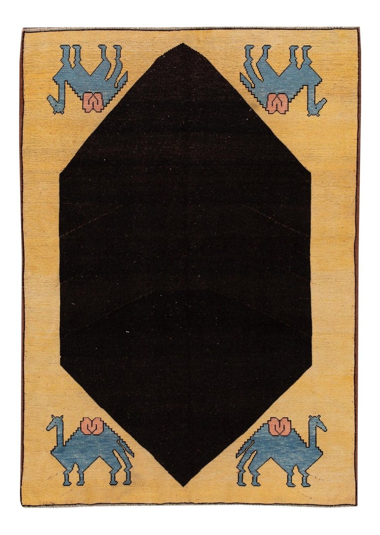 Mid-Century Turkish Art Deco Hand-Knotted Wool Rug 6' x 9': Mid-Century Turkish Art Deco Hand-Knotted Wool Rug 6' x 9' This exquisite vintage Turkish Art Deco rug is hand-knotted from high-quality wool, featuring a vibrant yellow field adorned with striking bl