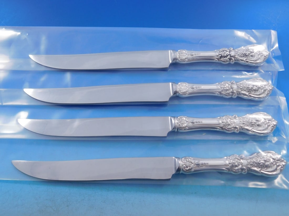Reed and Barton Francis I Sterling Silver Texas Sized Steak Knife Set 4-Piece: Reed and Barton Francis I Sterling Silver Texas Sized Steak Knife Set 4-Piece Introducing the Francis I by Reed and Barton Sterling Silver Steak Knife Set, a stunning addition to your dining experienc