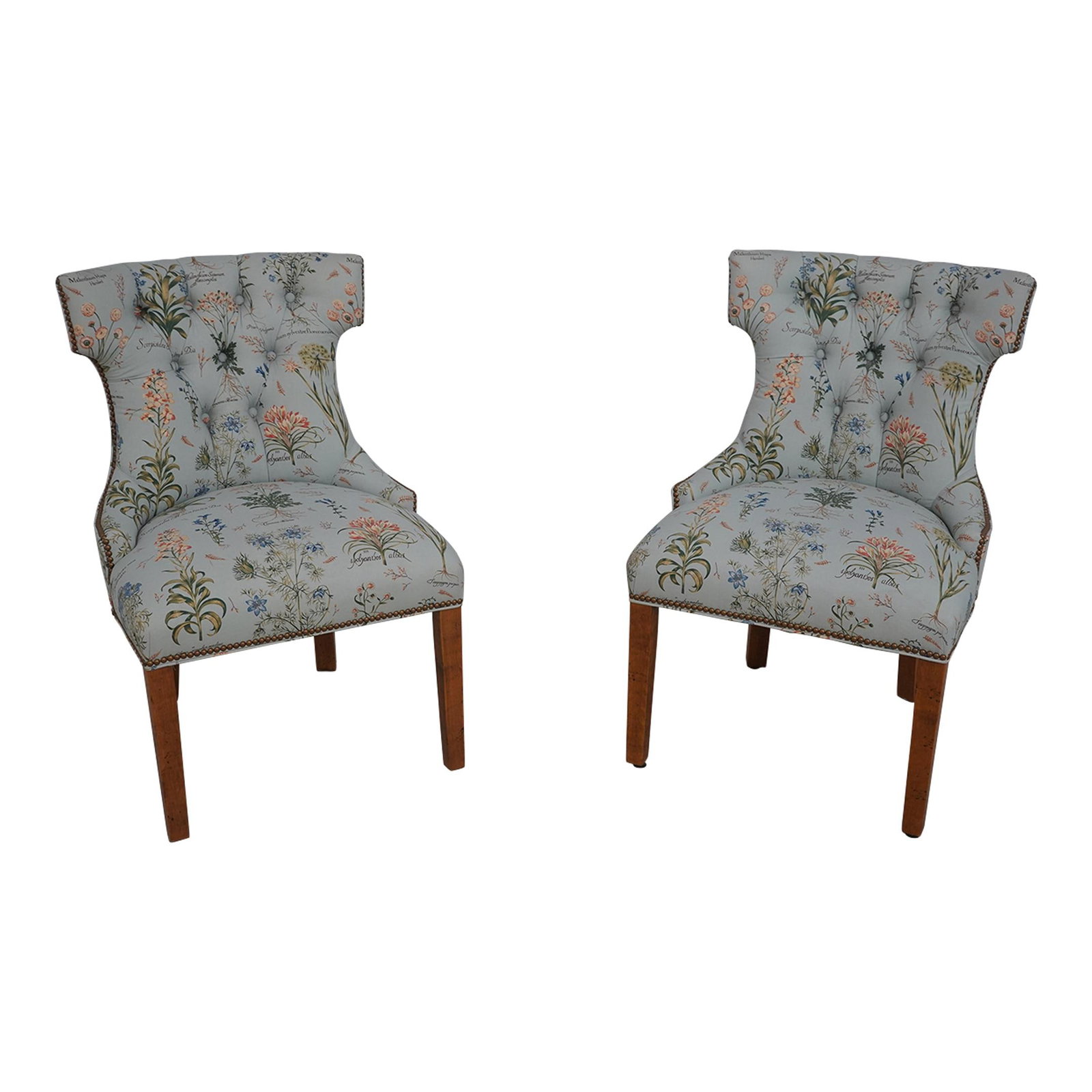 Charming Pair of Upholstered Side Chairs with Plant Print and Tack Trim: Charming Pair of Upholstered Side Chairs with Plant Print and Tack Trim This pair of side chairs features a charming plant print fabric adorned with tack head trim, perfect for adding a touch of natur