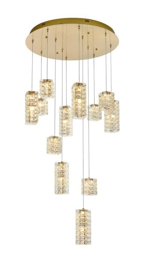 Aston 12-Light Satin Gold Crystal LED Chandelier: Aston 12-Light Satin Gold Crystal LED Chandelier This modern crystal chandelier pendant features a striking rectangular design with clear, stacked crystals and a satin gold finish. Designed for versat
