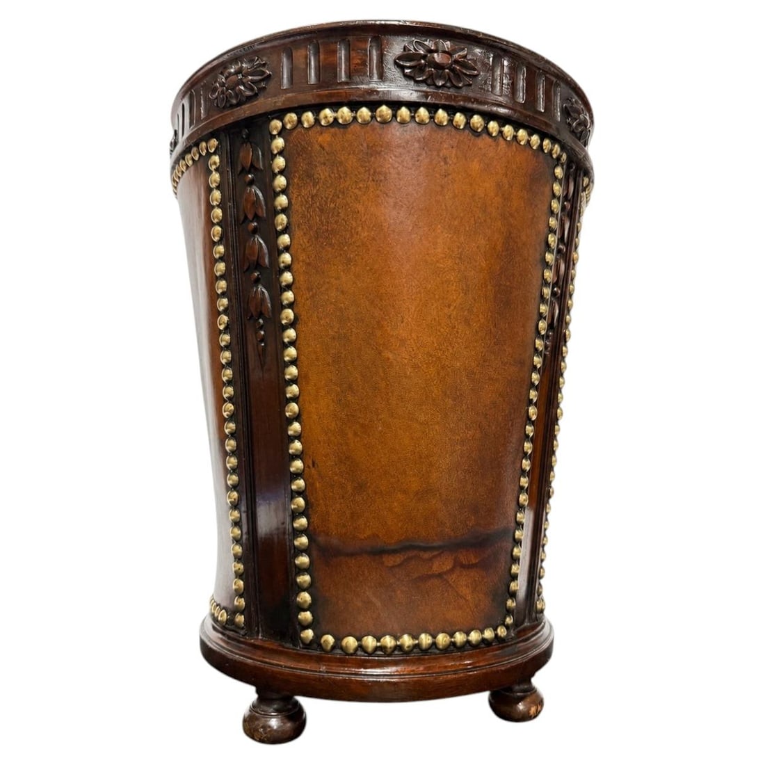 English mahogany leather waste basket with brass studs 16 in (1 of 9)