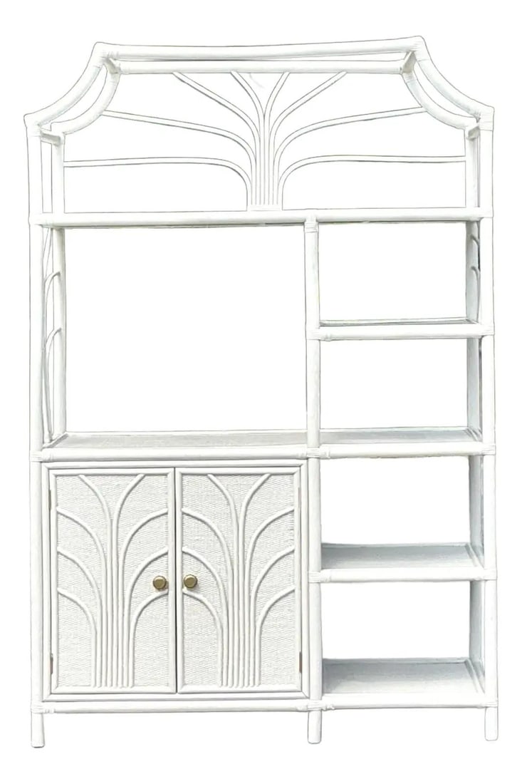 Vintage Coastal Rattan Etagere with Pagoda Top and Notched Details: Vintage Coastal Rattan Etagere with Pagoda Top and Notched Details Introduce a touch of coastal elegance to your home with this Vintage Coastal Notched Rattan Etagere. Designed with a pagoda-style top