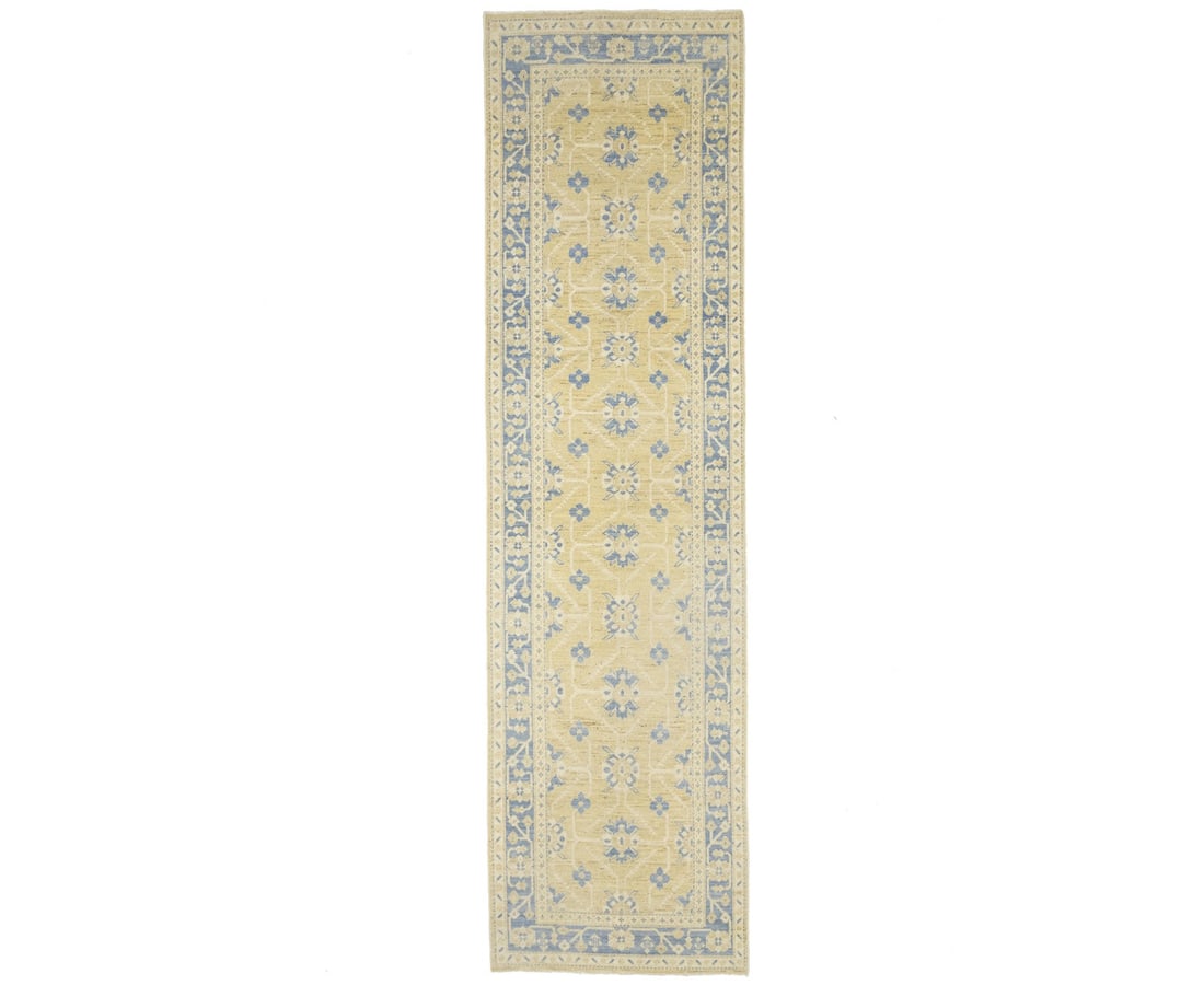 Hand Knotted Wool Oushak Khotan Floral Runner 3'2 x 11'10: Hand Knotted Wool Oushak Khotan Floral Runner 3'2 x 11'10 Enhance your space with this exquisite Handmade Oushak Khotan Runner Rug, featuring a stunning floral pattern in muted tones of beige, blue, a