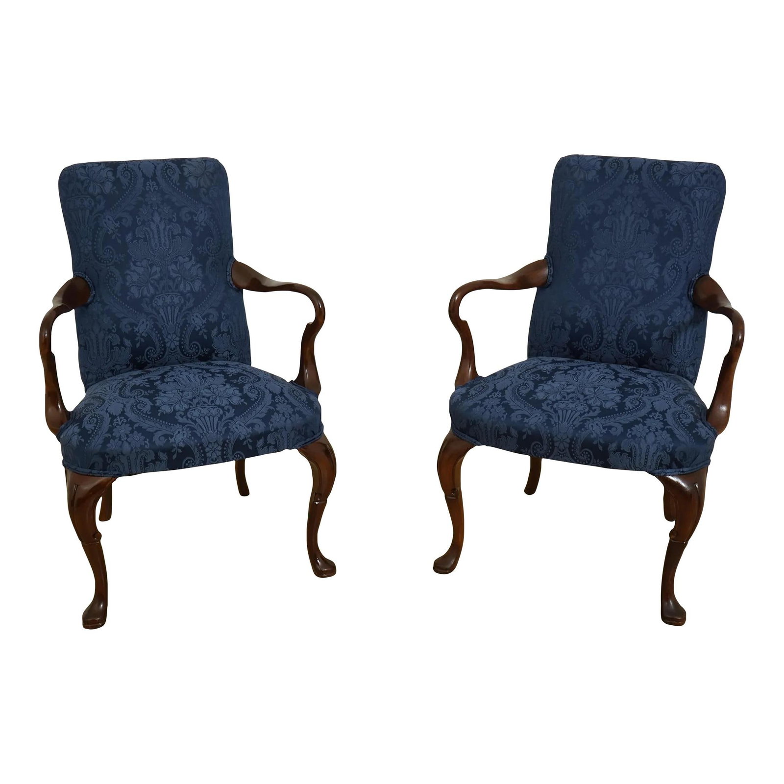 Vintage 1930s Restored Blue Damask Upholstered Armchairs Pair: Vintage 1930s Restored Blue Damask Upholstered Armchairs Pair Enhance your living space with this exquisite pair of vintage armchairs, expertly restored and reupholstered in luxurious blue damask fabr