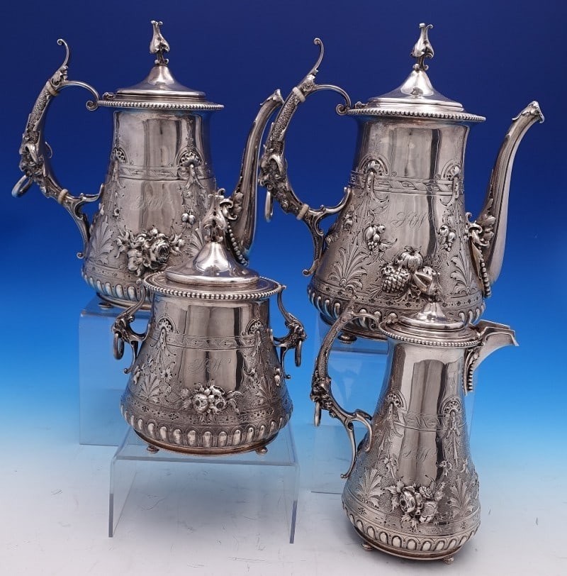 Gorham Chased Vine Coin Silver Gothic Four-Piece Tea and Coffee Service Monogrammed (1 of 18)
