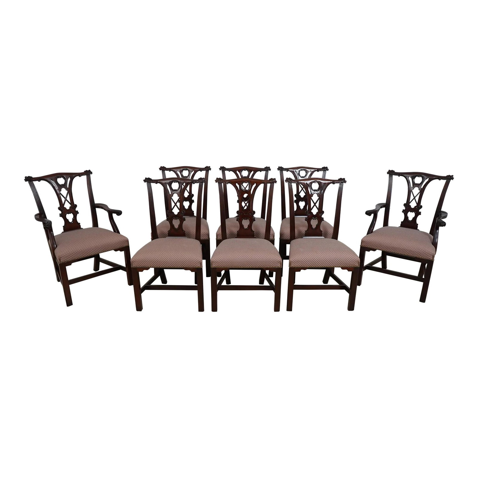 Set of 8 Kindel Irish Georgian Mahogany Dining Chairs Chippendale Style: Set of 8 Kindel Irish Georgian Mahogany Dining Chairs Chippendale Style This exquisite set of 8 Kindel Irish Georgian dining room chairs showcases fine craftsmanship and timeless elegance. Crafted aro