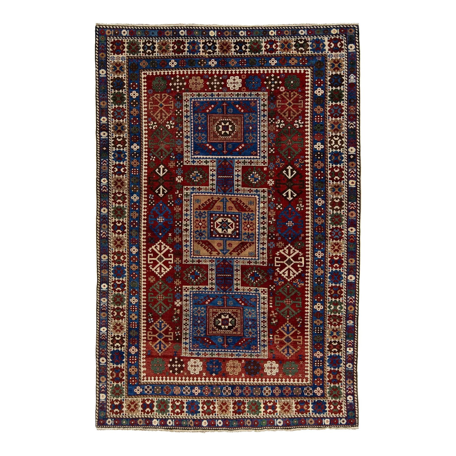 Handcrafted Kazak Red Wool Rug with Geometric Design 4'6 x 6'11: Handcrafted Kazak Red Wool Rug with Geometric Design 4'6 x 6'11 Enhance your space with this exquisite handcrafted Kazak wool rug, showcasing a rich red background that beautifully complements the int