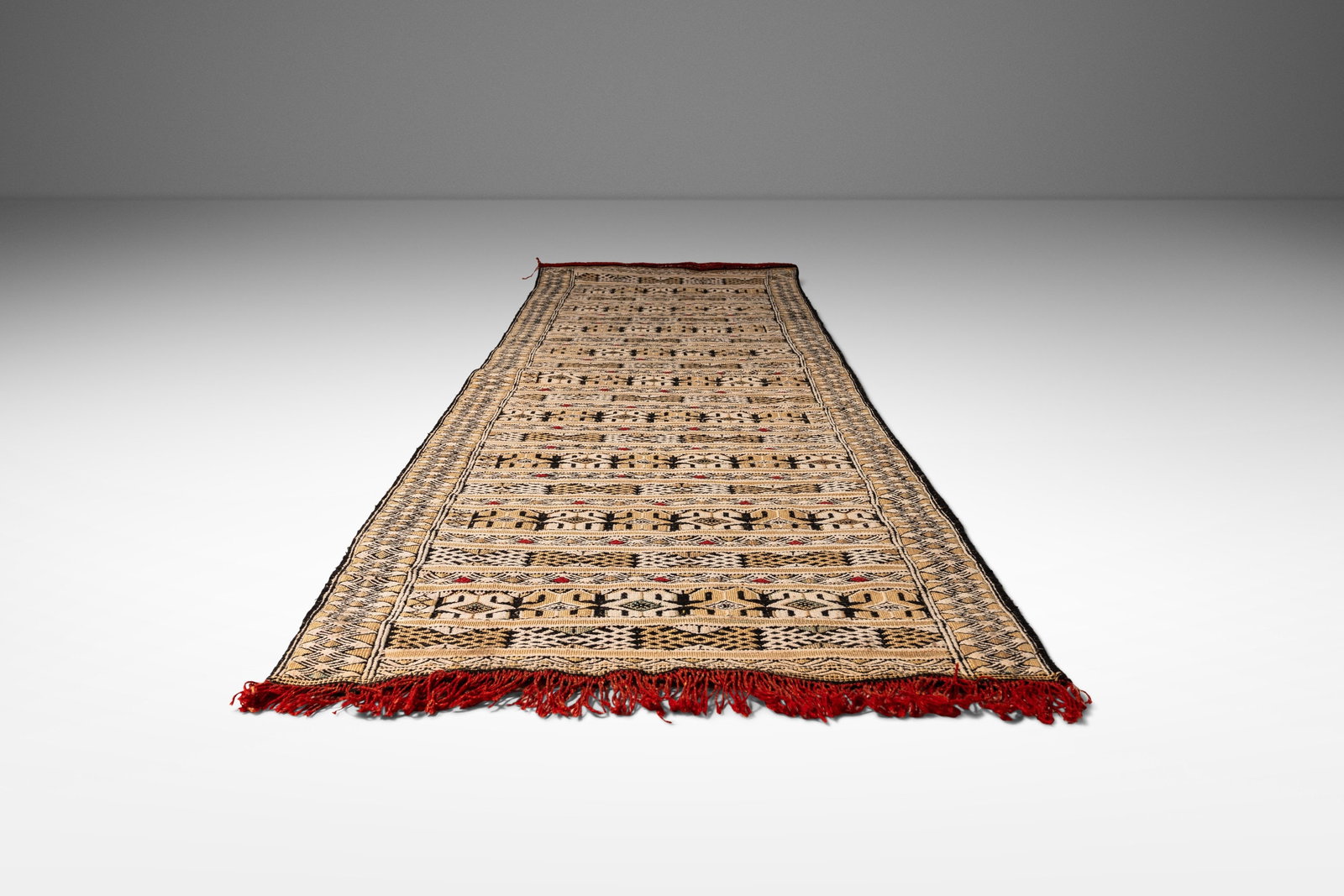 Turkish Vintage Handwoven Kilim Runner Rug 100" Long c. 1970s: Turkish Vintage Handwoven Kilim Runner Rug 100" Long c. 1970s Discover the beauty of this expansive authentic Turkish vintage handwoven Kilim runner rug, measuring over 100 inches in length. Ideal for