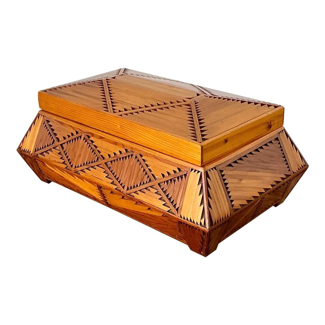 Tramp Art Jewelry Box Wood with Velvet Lining and Mirror (1 of 10)