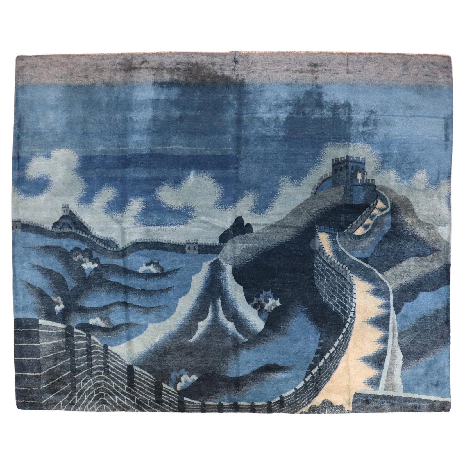 Vintage 1920s Chinese Batou Wall of China Wool Rug: Vintage 1920s Chinese Batou Wall of China Wool Rug Discover the exquisite beauty of this Chinese Batou rug, showcasing the iconic Wall of China in a stunning folk art style. Hand-woven from high-quali
