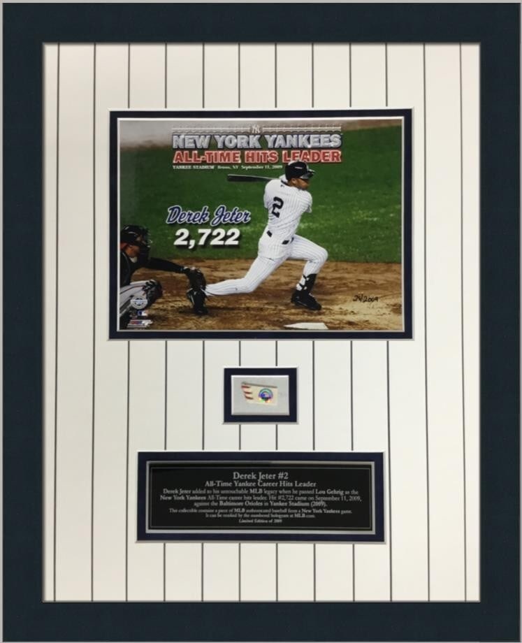 Derek Jeter Game Used Baseball #2722 Limited Edition Custom Frame: Derek Jeter Game Used Baseball #2722 Limited Edition Custom Frame This official MLB memorabilia features a game-used piece of baseball from the legendary Derek Jeter, commemorating his hit #2722. The 