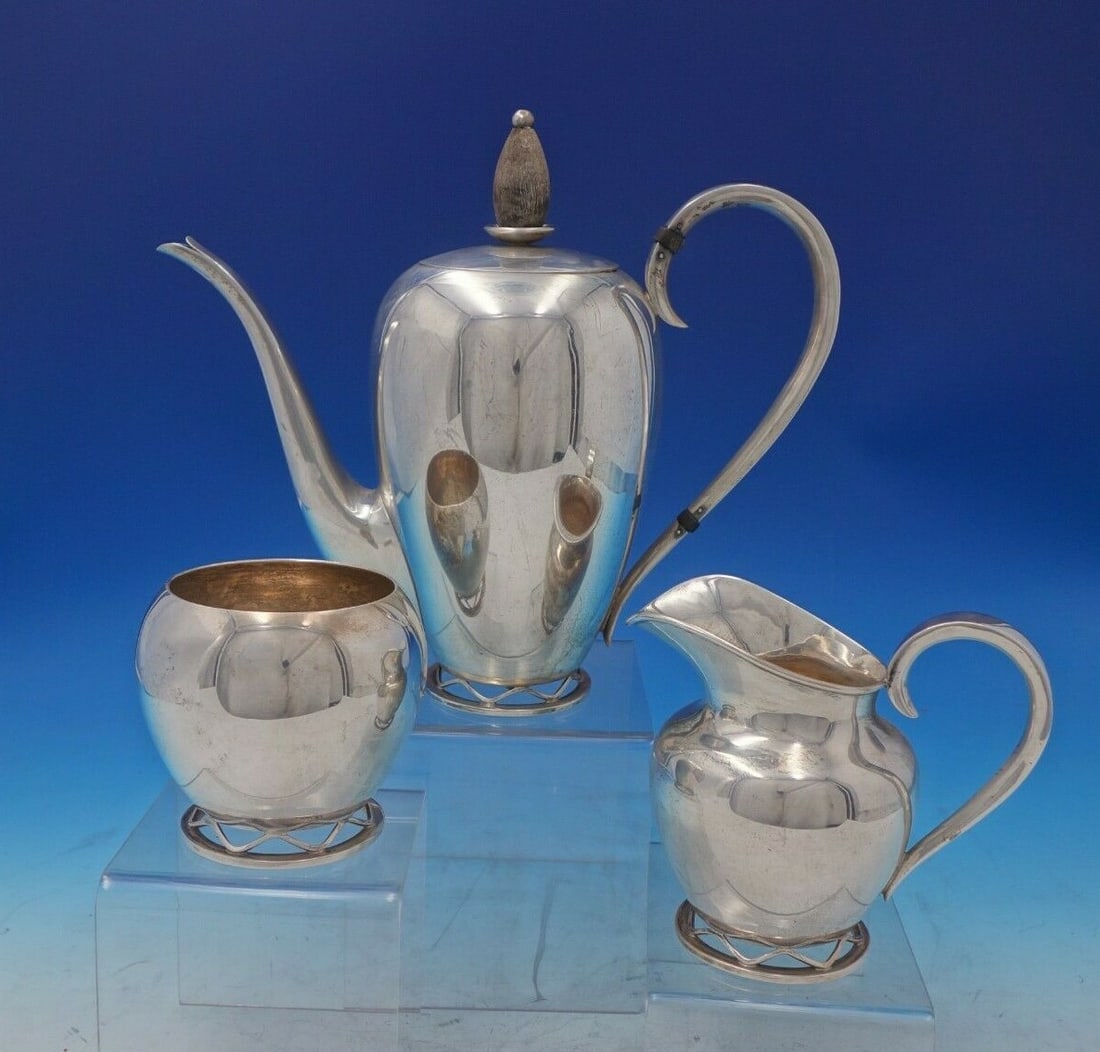 Allan Adler Swedish Modern Sterling Silver 3-Piece Coffee Set: Allan Adler Swedish Modern Sterling Silver 3-Piece Coffee Set This stunning three-piece coffee set showcases the elegance of Swedish Modern design by Allan Adler. Crafted from sterling silver, this se