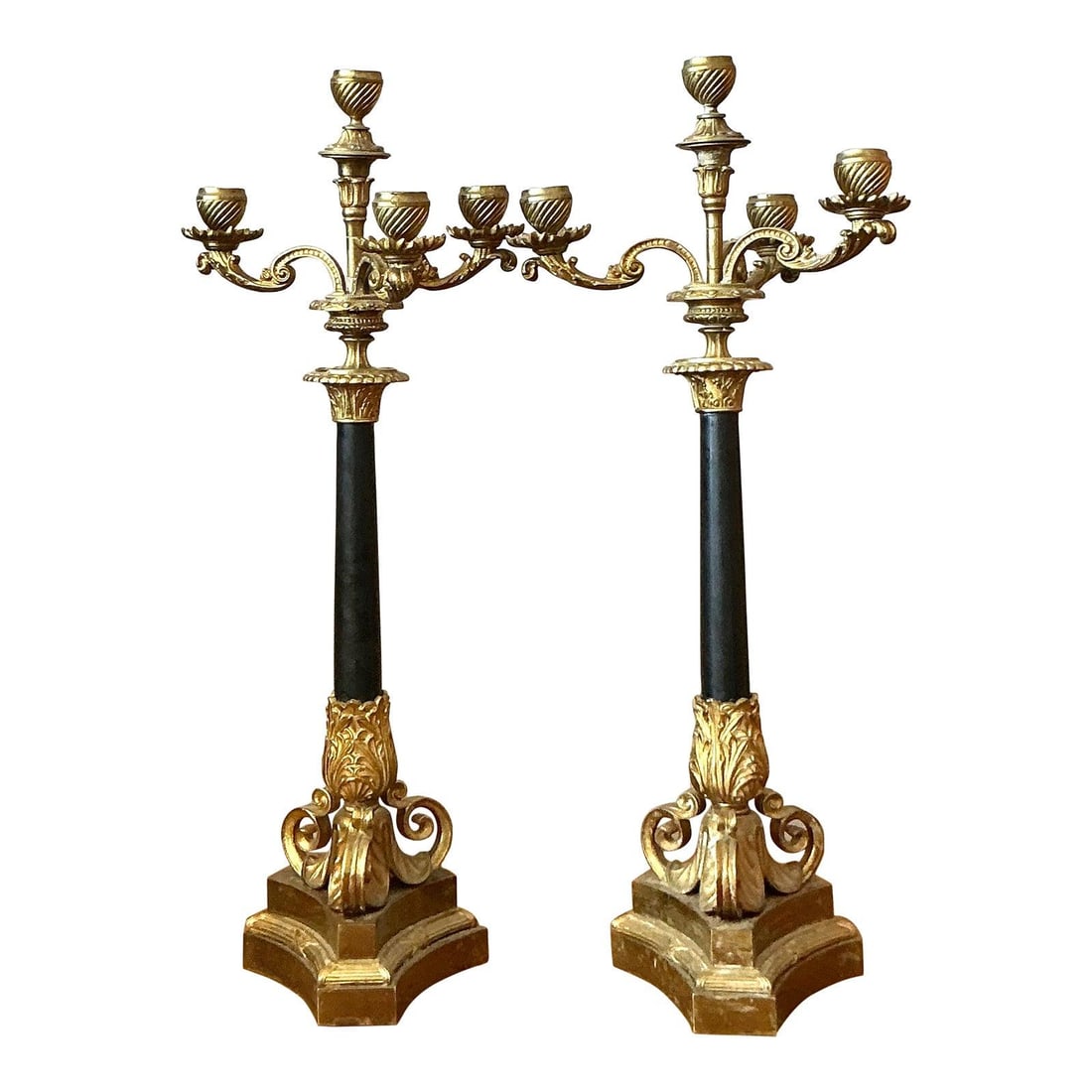 Vintage Gilt Brass Candelabras Pair 20 Tall Neoclassical Style Set of 2: Vintage Gilt Brass Candelabras Pair 20 Tall Neoclassical Style Set of 2 This exquisite pair of vintage candelabras exudes stately grandeur and Neoclassical elegance, expertly crafted from fine gilt br