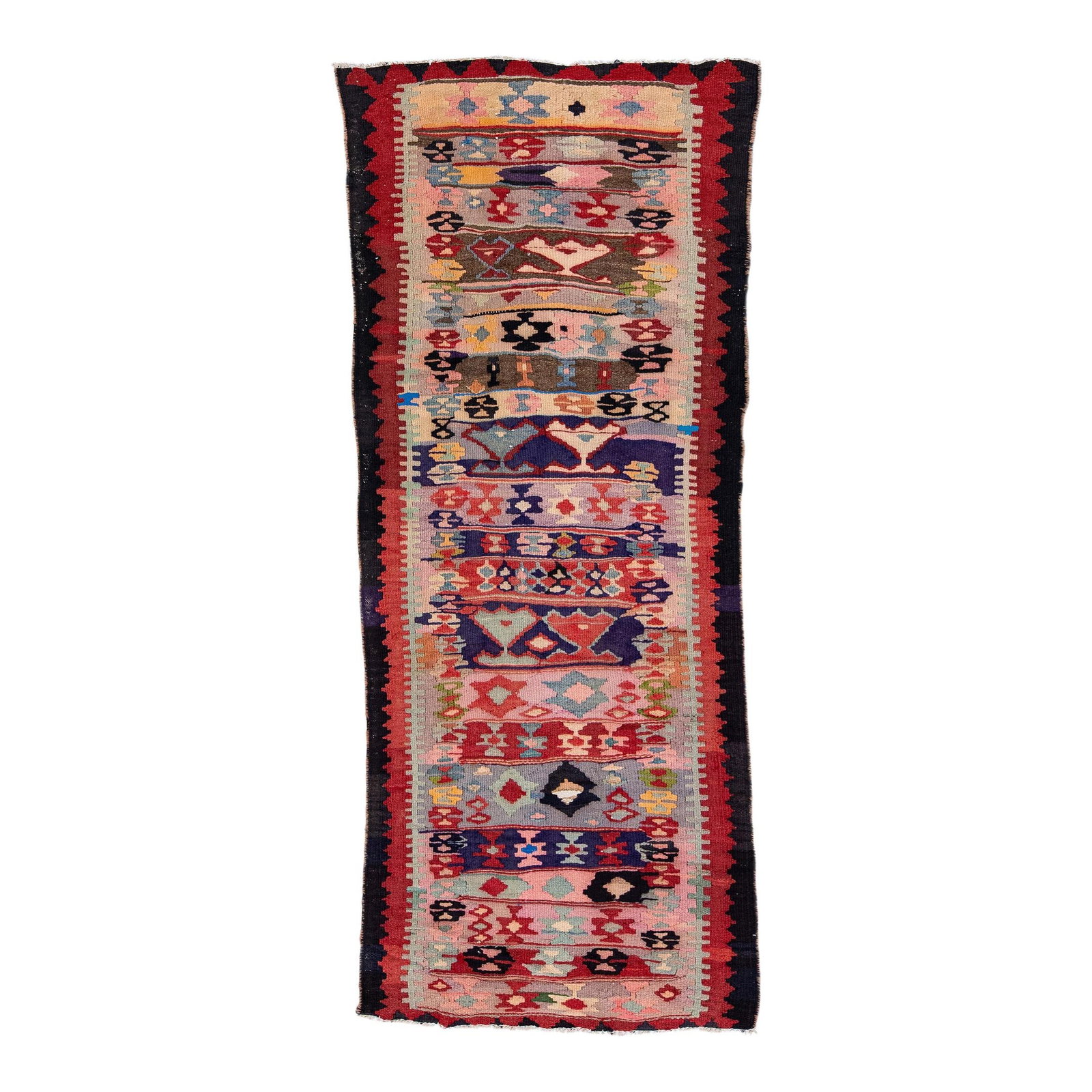 Vintage Turkish Kilim Wool Rug Multicolor Geometric Design 3'1" x 7'9": Vintage Turkish Kilim Wool Rug Multicolor Geometric Design 3'1" x 7'9" Add a touch of vintage charm to your space with this exquisite 1960s Turkish Kilim rug. Hand-knotted from high-quality wool, this