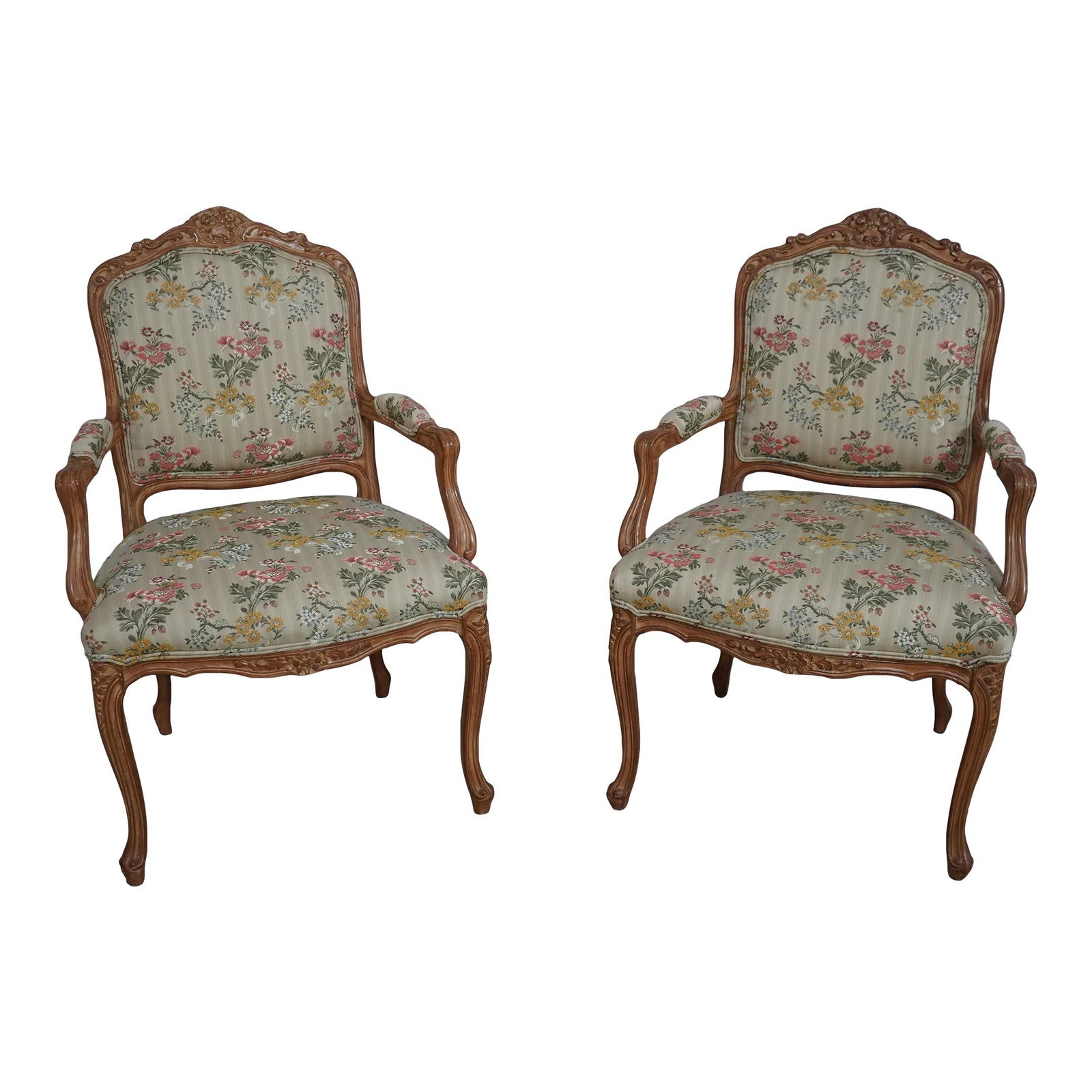 Elegant Pair of French Louis XV Style Silk Blend Armchairs: Elegant Pair of French Louis XV Style Silk Blend Armchairs Enhance your living space with this exquisite pair of French Louis XV style armchairs, showcasing an elegant design that is sure to impress. 