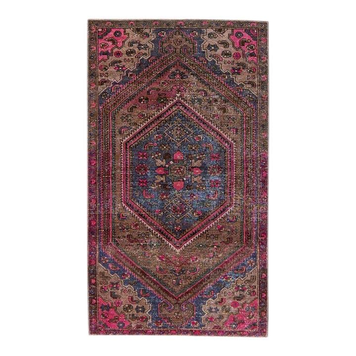 Vintage Hand-Knotted Geometric Wool Rug with Floral Design: Vintage Hand-Knotted Geometric Wool Rug with Floral Design Discover the charm of this Vintage Shabby Chic hand-knotted wool rug, featuring a rich brown field adorned with delicate blue and pink floral