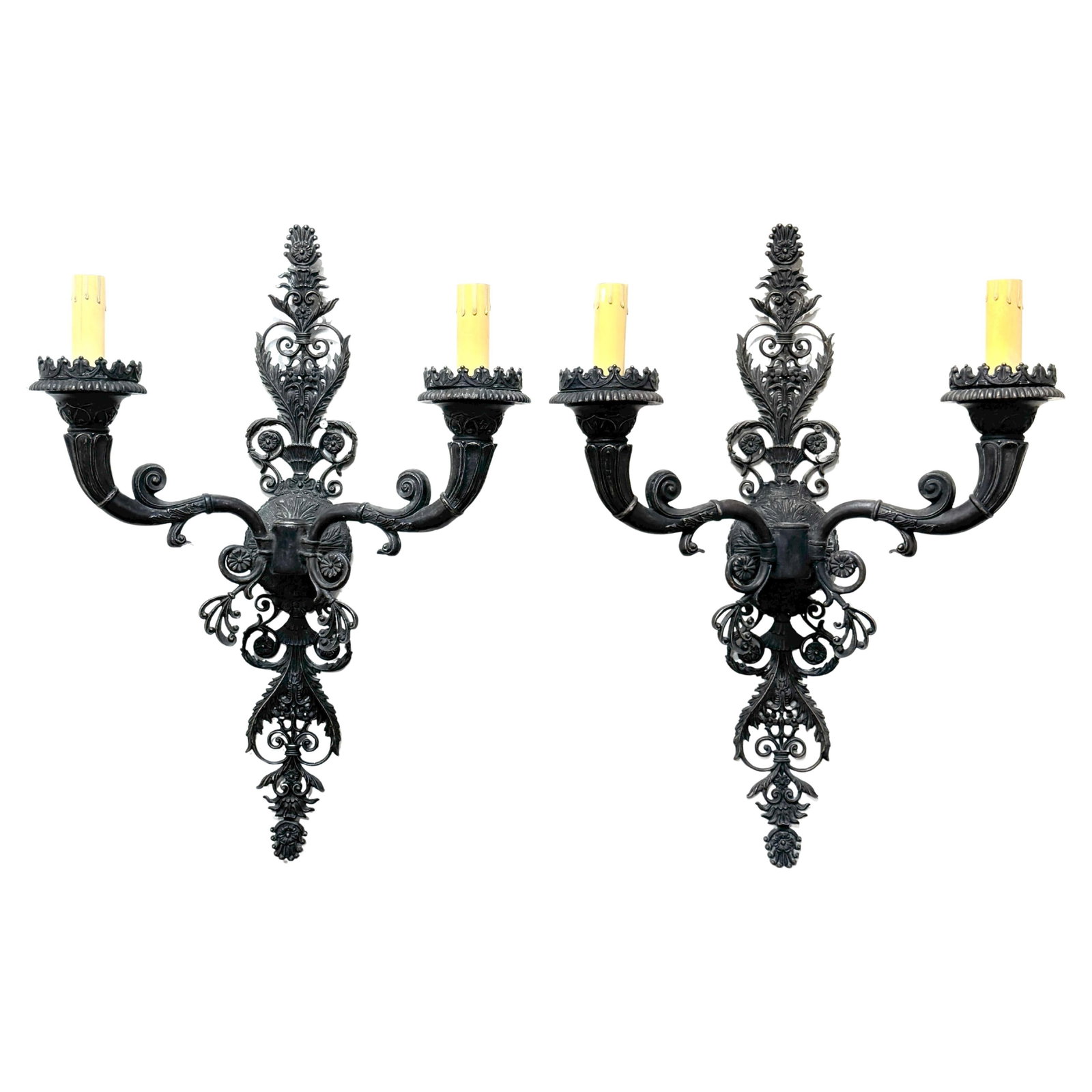 Set of 2 French Neoclassical Patinated Bronze Wall Sconces Empire Style: Set of 2 French Neoclassical Patinated Bronze Wall Sconces Empire Style This large pair of French patinated bronze Neoclassical sconces, crafted in the mid-20th century, features an opulent design ins