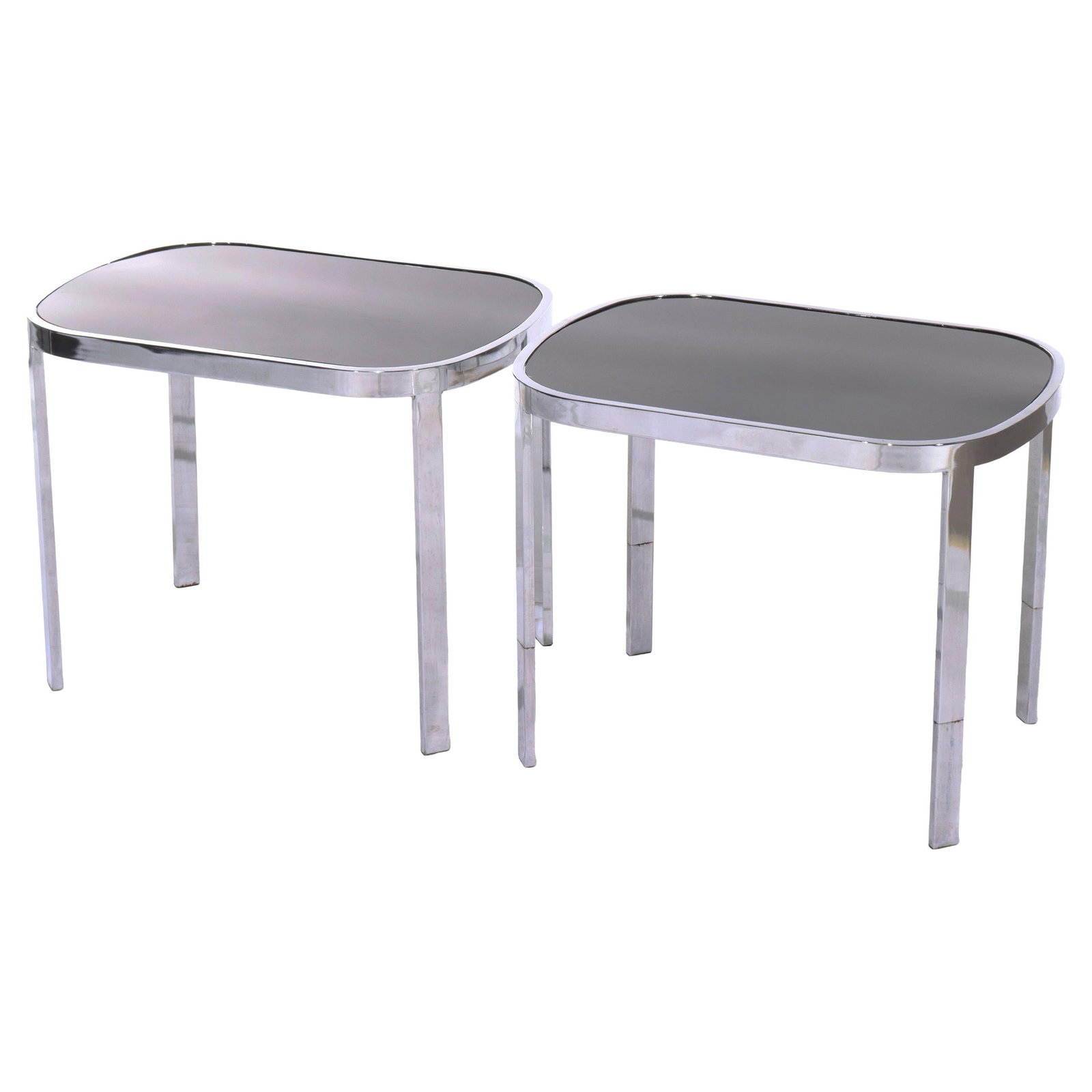 Set of 2 Mid-Century Chrome Tables with Ebonized Glass Tops Circa 1960 (1 of 9)