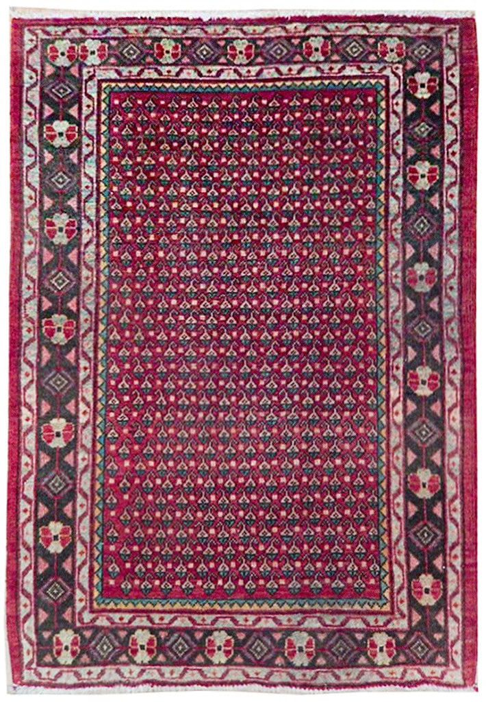 3'4 x 4'8 Red Semi Antique Persian Mir Rug Handmade in Iran: 3'4 x 4'8 Red Semi Antique Persian Mir Rug Handmade in Iran Free continental US Shipping Introducing the exquisite 3' 4" x 4' 8" Red Semi Antique Persian Mir Rug, a masterpiece handcrafted by skilled 