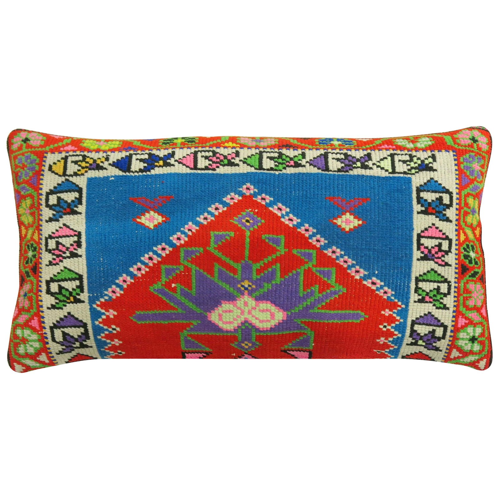 Bohemian Turkish Anatolian Rug Pillow 16 x 29 Red Blue: Bohemian Turkish Anatolian Rug Pillow 16 x 29 Red Blue This large pillow is crafted from a vintage Turkish Anatolian rug, featuring a vibrant geometric pattern in rich red and blue tones. The pillow c
