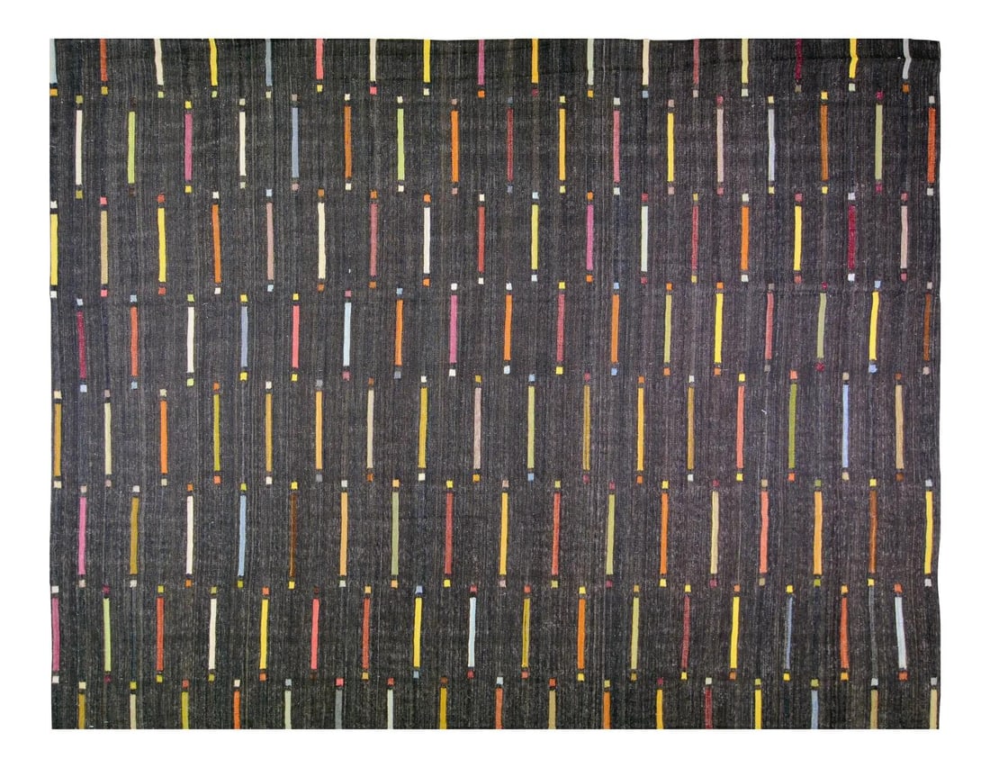 Anatolian Geometric Kilim Rug Black Wool Hand Woven 8'4" x 10'8": Anatolian Geometric Kilim Rug Black Wool Hand Woven 8'4" x 10'8" This vintage Turkish Anatolian kilim is hand woven from organic wool and features a geometric pattern in natural colors. The rug displa