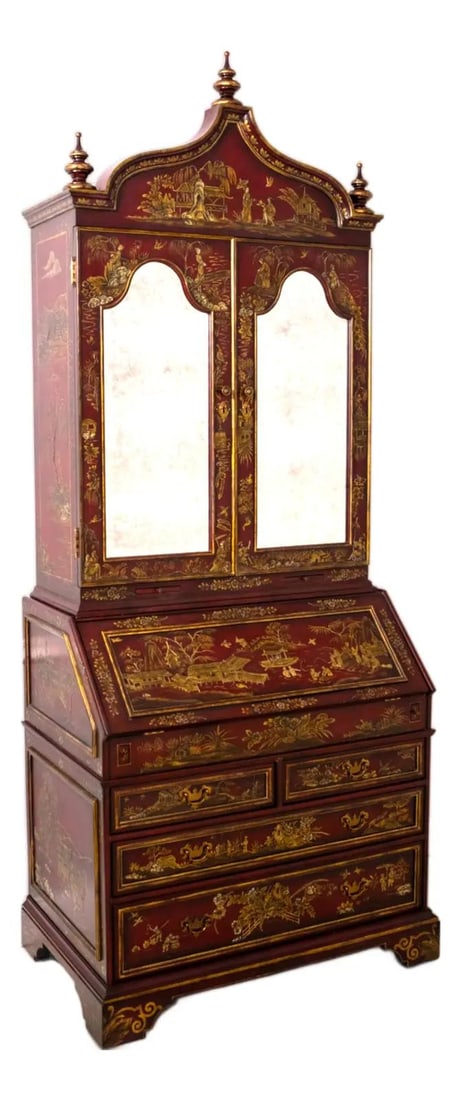 Chinoiserie Secretary Desk Cabinet with Tooled Leather Writing Surface: Chinoiserie Secretary Desk Cabinet with Tooled Leather Writing Surface This Maitland-Smith secretary desk cabinet features Chinoiserie decoration and is crafted in a two-piece construction. The cabine