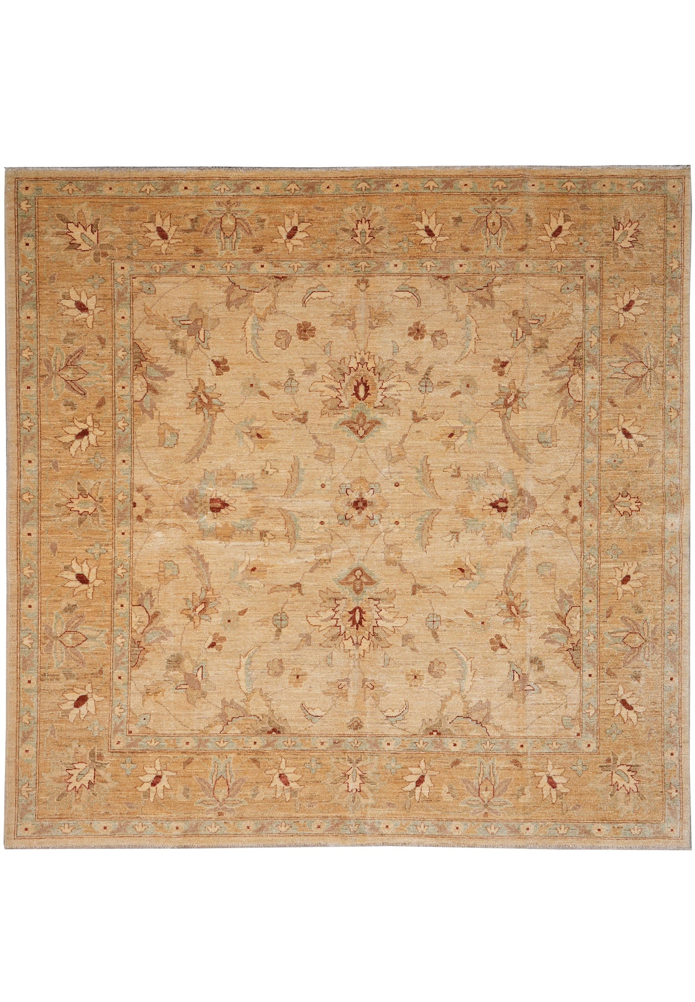 8 x 8 Feet Square Hand Knotted Natural Wool Chobi Peshawar Rug: 8 x 8 Feet Square Hand Knotted Natural Wool Chobi Peshawar Rug Free continental US Shipping This 8 x 8 feet square Chobi Peshawar rug is hand-knotted in Pakistan from 100% natural wool. It features ha