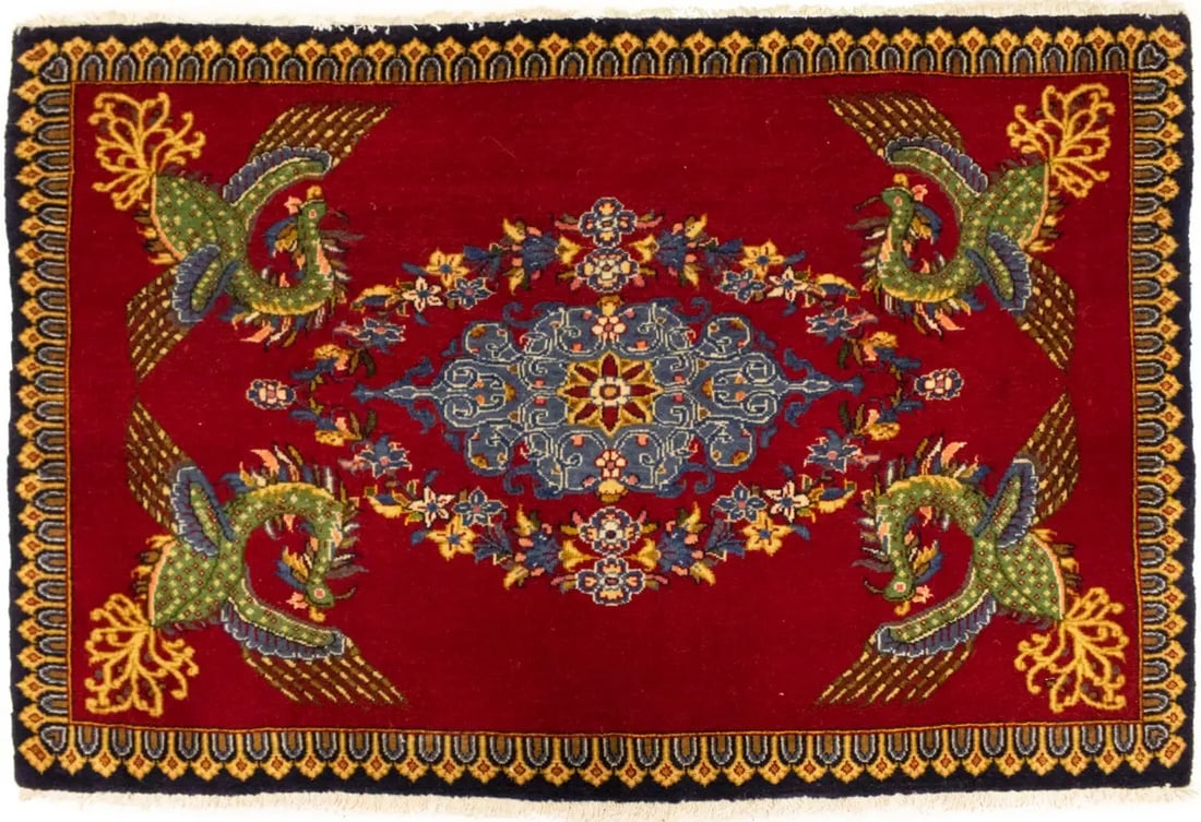 Handmade Wool Rug with Birds Motif Vintage Oriental 2'5 x 3'8 Area Carpet: Handmade Wool Rug with Birds Motif Vintage Oriental 2'5 x 3'8 Area Carpet This vintage hand-knotted rug features a classic pictorial birds design with floral and traditional motifs. Crafted from wool 